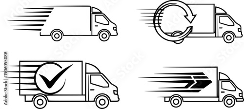 Set of fast delivery truck icons. Express shipping and logistics symbol collection. Commercial cargo van for transportation service. Freight vehicle moving quickly. Line art