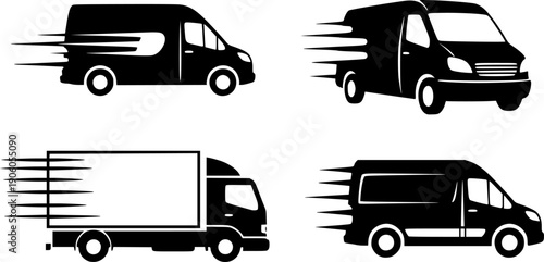 Set of fast delivery truck icons. Express shipping and logistics symbol collection. Commercial cargo van for transportation service. Freight vehicle moving quickly. Line art