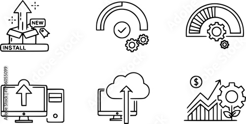 Upgrade and update vector icon set. New version, software installation and system progress. Data upload from computer, business growth chart metaphor. Improvement process gear.