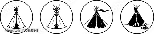 Tipi camp tent wigwam vector icons set. Round stickers for outdoor adventure. Native american indian teepee shelter symbol collection. Simple pictogram graphic design element.