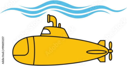 Yellow submarine vector icon set. Cartoon sub diving under the ocean waves. Nautical marine boat ship collection. Underwater travel exploration concept. Simple flat illustration.