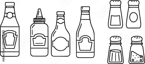 Condiment line icon set vector. Ketchup, mustard, sauce bottles and salt, pepper shaker symbols. Outline illustration for food, restaurant menu, fast food, and cooking design.