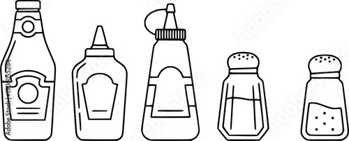Condiment line icon set vector. Ketchup, mustard, sauce bottles and salt, pepper shaker symbols. Outline illustration for food, restaurant menu, fast food, and cooking design.
