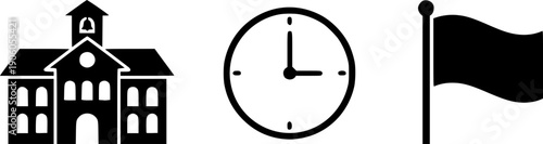 School building vector icon set. Education concept. University, college, academy symbol collection. Clock, time, flag pictogram. Simple flat silhouette glyph design element