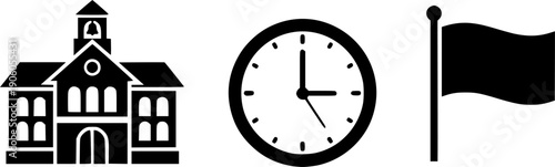 School building vector icon set. Education concept. University, college, academy symbol collection. Clock, time, flag pictogram. Simple flat silhouette glyph design element