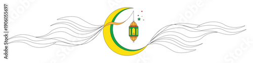 Ramadan kareem crescent moon with hanging lantern and flowing decorative lines on white background, Islamic festive greeting design element for banner poster invitation card and celebration artwork