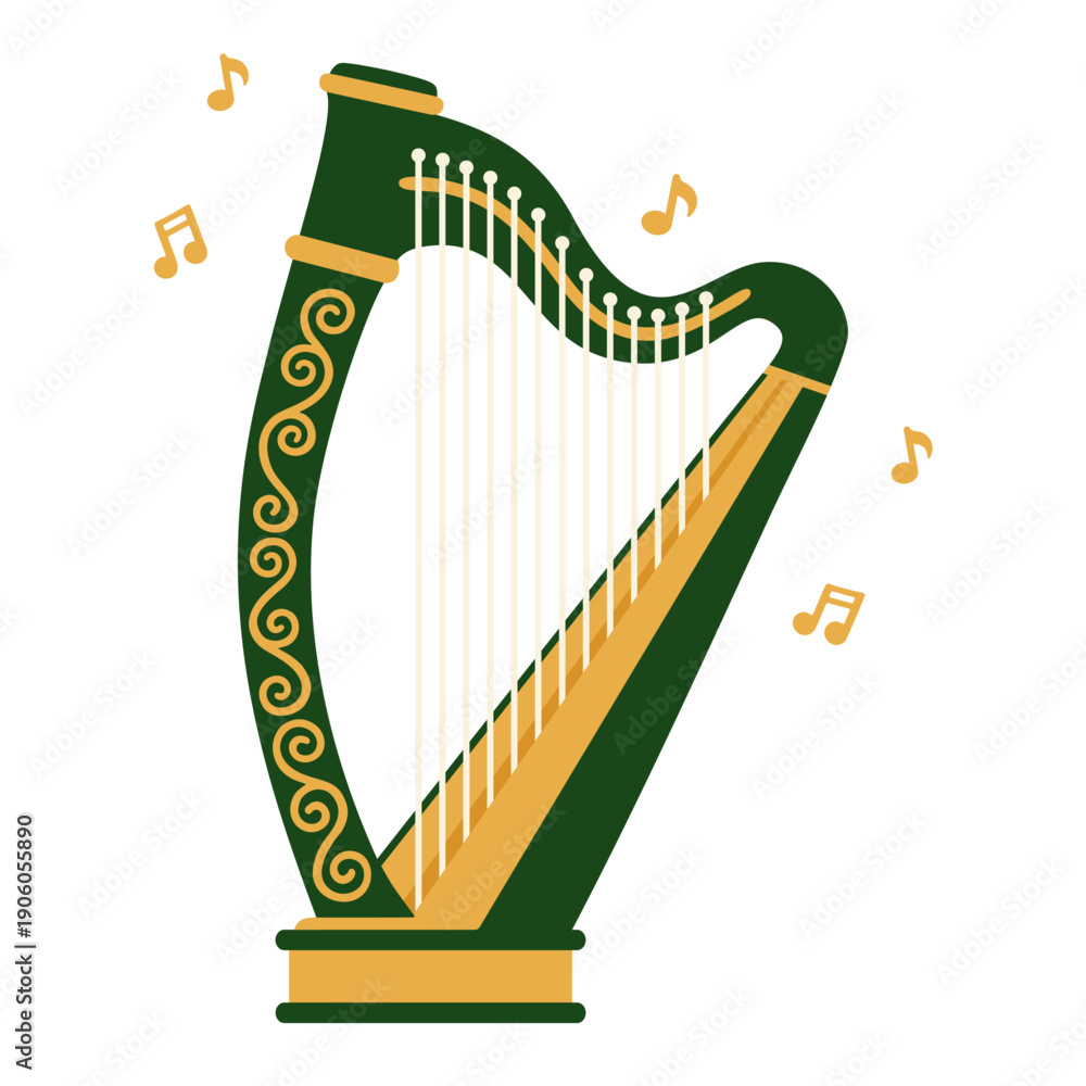 Obraz premium Irish Harp with Musical Notes St Patrick’s Day Flat Vector