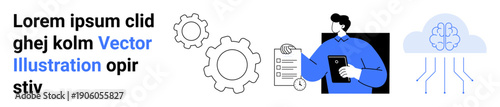 Data management, cloud storage, workflow processes, business technology, task automation, digital infrastructure. Gear icons, person holding a tablet and cloud network. Data management and cloud