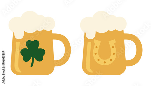 Irish Beer Mugs with Shamrock and Horseshoe St Patrick’s Day Flat Vector Illustration