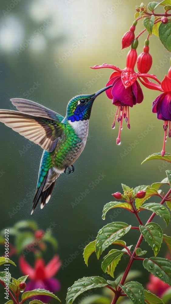 Fototapeta premium Hummingbird at Bloom: A vibrant hummingbird hovers near a cluster of blooming fuchsia flowers, its long beak perfectly positioned to sip nectar, showcasing the harmony of nature and wildlife.