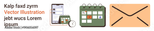 Time management, event planning, online communication, email notifications, productivity tools, scheduling apps. Icon set a mobile device, calendar and email envelope. Time management and event