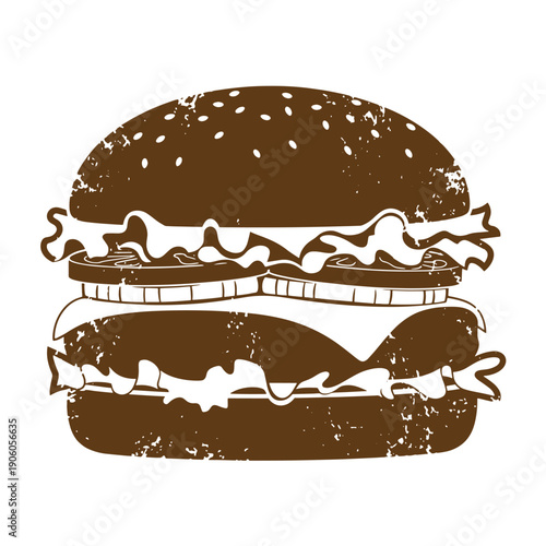 Grunge texture A brown hamburger with sesame seed bun and melted cheese on a white background Vintage Style
