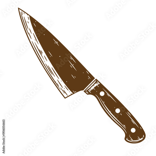 Grunge texture A brown kitchen knife with a brown handle and three metal rivets on a white background Vintage Style