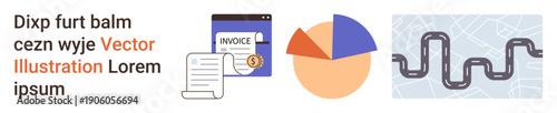 Financial management, data visualization, navigation tools, business planning, analytics, payment processes. An invoice, pie chart and route on a map. Financial management and data visualization