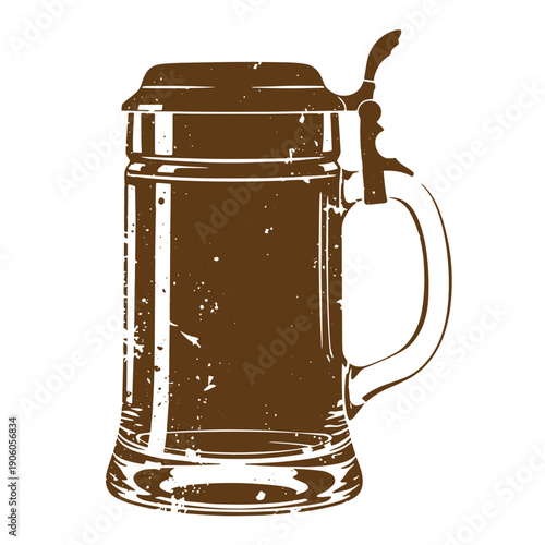 Grunge texture Brown beer stein with lid and handle on white background Vintage Style