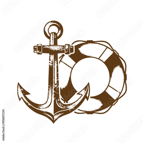 Vintage Grunge Grungy anchor and lifebuoy nautical symbol isolated on white background for maritime and safety concepts