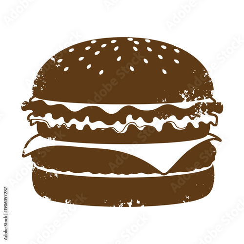 Grunge texture grunge style illustration of a hamburger with sesame seed bun and layers of meat cheese and sauce on a white background Vintage Style