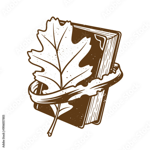 Vintage Grunge illustration of a book with a leaf on it  educational concept with nature element