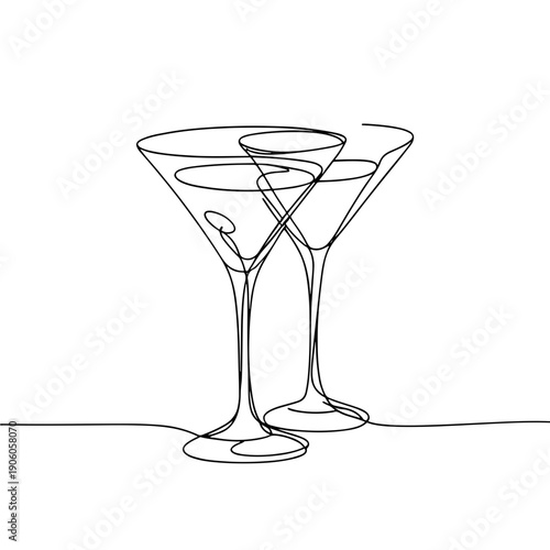 Pair of martini glasses clinking together line art