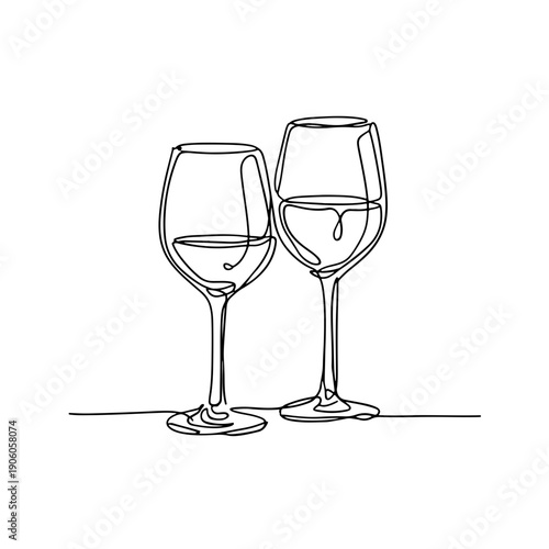 Pair of wine glasses with reflections one line art