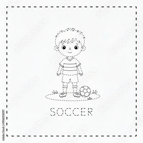 Soccer Playtime: A playful illustration of a young boy is poised with a soccer ball. Featuring line art design with a dash line.