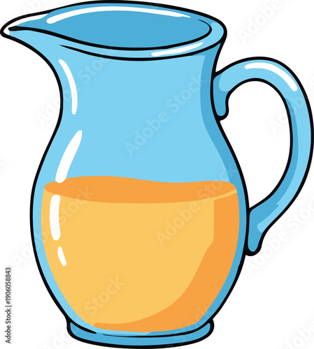 Light blue glass pitcher filled with fresh orange juice, clean cartoon vector illustration