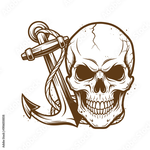 Vintage Grunge Smiling skull with anchor tattoo design for pirate or nautical themed artwork and accessories one