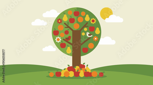 Vibrant tree overflowing with colorful fruit and flowers