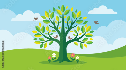 Vibrant tree with colorful leaves and birds in a serene landscape