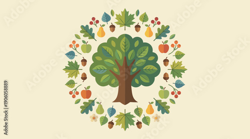 Vibrant tree of life surrounded by lush leaves and fruits