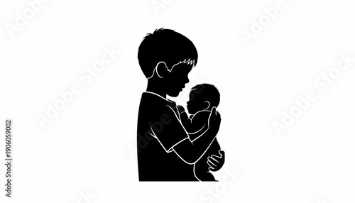 Silhouette of a mother holding her baby close to her chest.