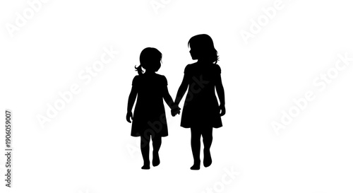 Silhouette of two young girls holding hands together.