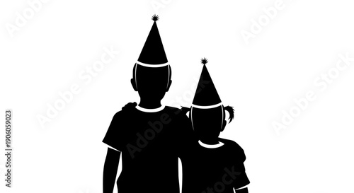 Two silhouetted children wearing party hats standing together.