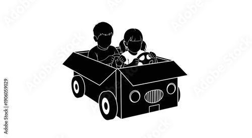 Children driving a toy car together with joy and excitement.