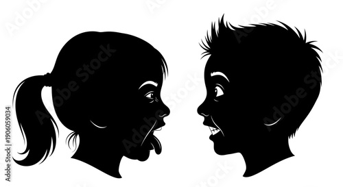 Silhouette of a boy and girl facing each other in profile.