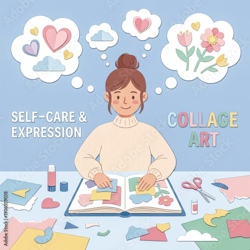  A woman finds joy and relaxation through the creative hobby of collage art. A concept illustration for mental health, mindfulness, and self-expression.. Vector illustration