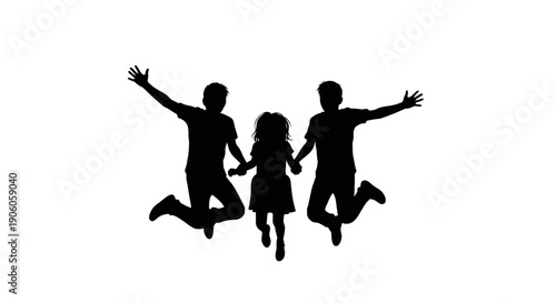 Silhouette of happy family jumping together in joy.