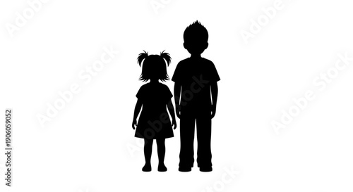 Silhouette of a boy and girl standing together facing away.
