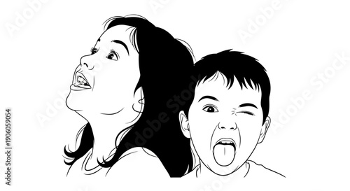 Mother and child expressing joy and laughter together in a simple black and white illustration.
