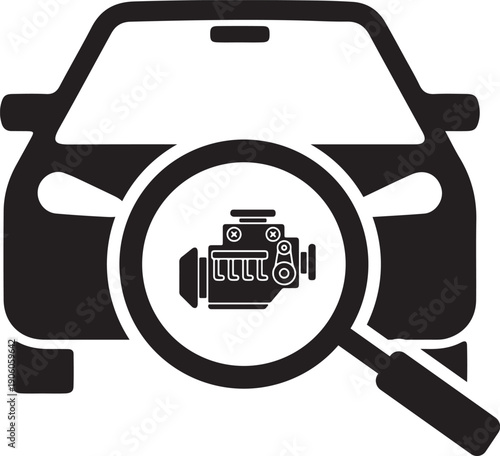 Car engine inspection with magnifying glass icon