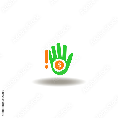 Vector illustration of hand with cash coin and exclamation mark. Symbol of anti corruption.