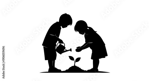 Children Planting a Seedling Together Silhouette.