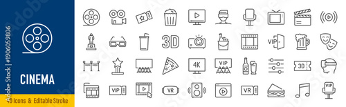Cinema web icons in line style. Film, popcorn, video, movie theater, 3d, vr, collection. Editable stroke. Vector illustration.