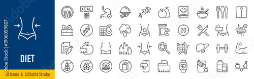 Diet web icons in line style. Healthy food, zero sugar, vegetables, water, sport, fitness, collection. Editable stroke. Vector illustration.