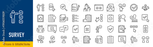 Survey web icons in line style. Opinions, rewiev, feedback, exam, collection.Editable stroke. Vector illustration.