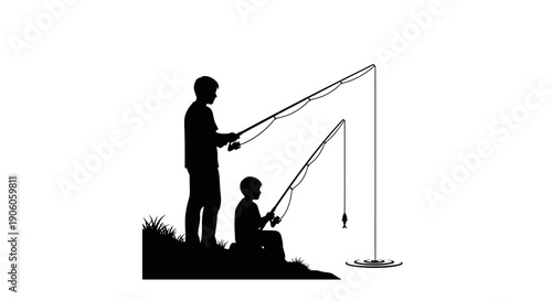 Father and son fishing together on a serene lake shore.