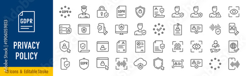 Privacy Policy web icons in line style. GDPR, security, data protection, shield, processing, data, collection. Editable stroke. Vector illustration.