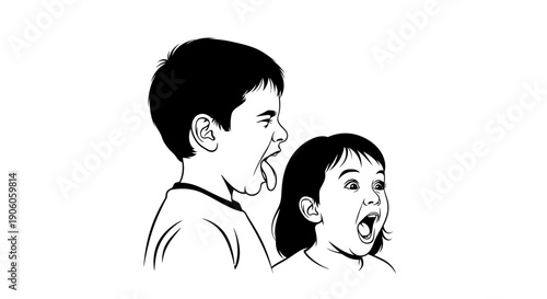 A boy and girl with surprised expressions in a simple black and white illustration.