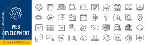Web Development web icons in line style. Programming, code, mobile app, developer, management, seo, digital, web design, marketing, analytics, collection. Editable stroke. Vector illustration.
