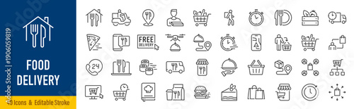 Food Delivery web icons in line style. Courier, food box, fast delivery, order, scooter, bycicle, collection. Editable stroke. Vector illustration.